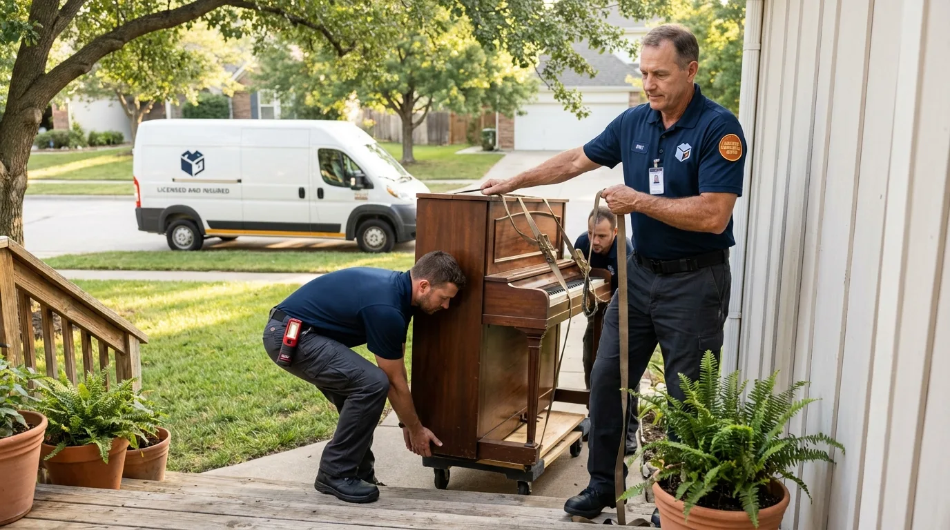 Licensed piano movers securing grand piano in Westport, IN