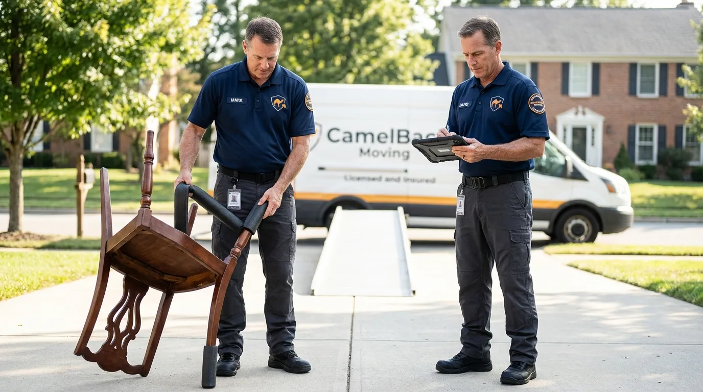 Movers inspecting furniture for damage prevention before loading in Westport, IN