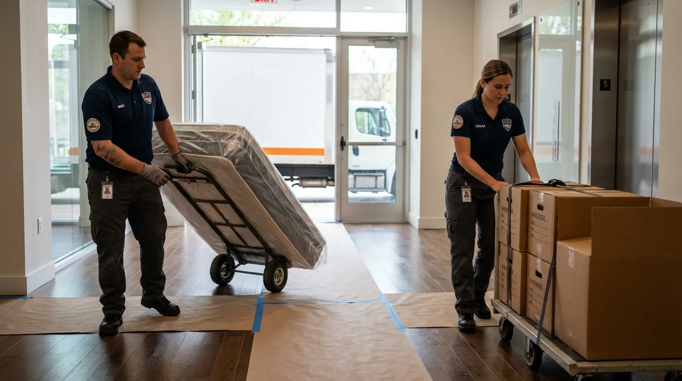Professional apartment movers loading elevator in Westport, IN